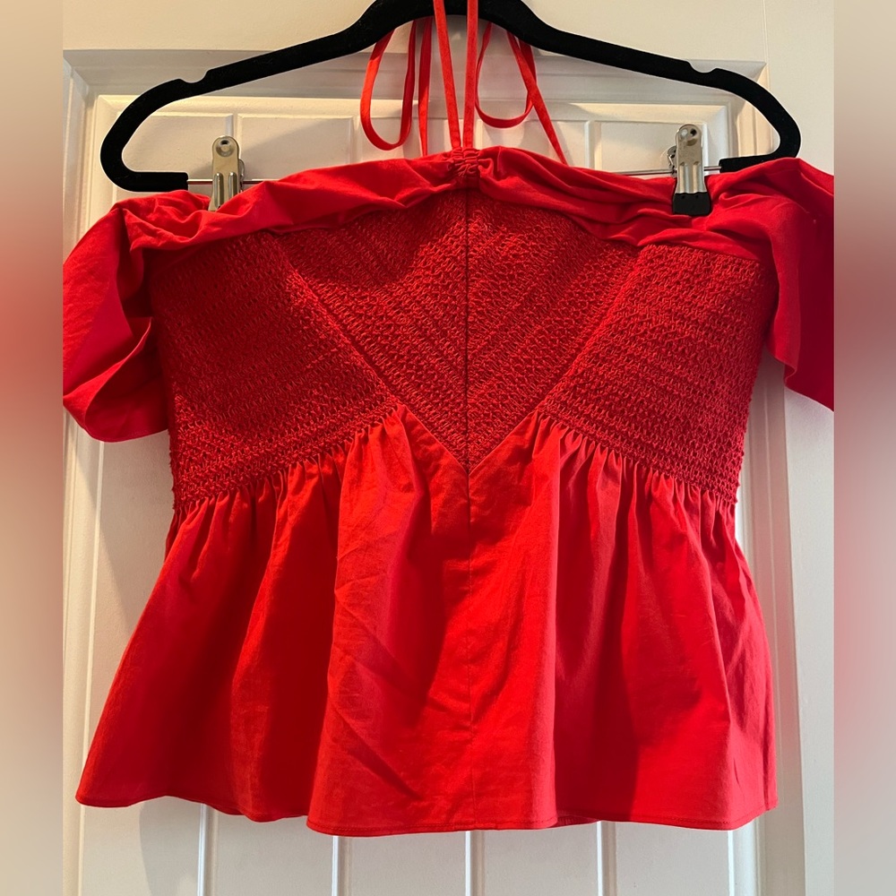Tanya Taylor Smocked Halter Kirsten Poplin Top with peplum. Size 2